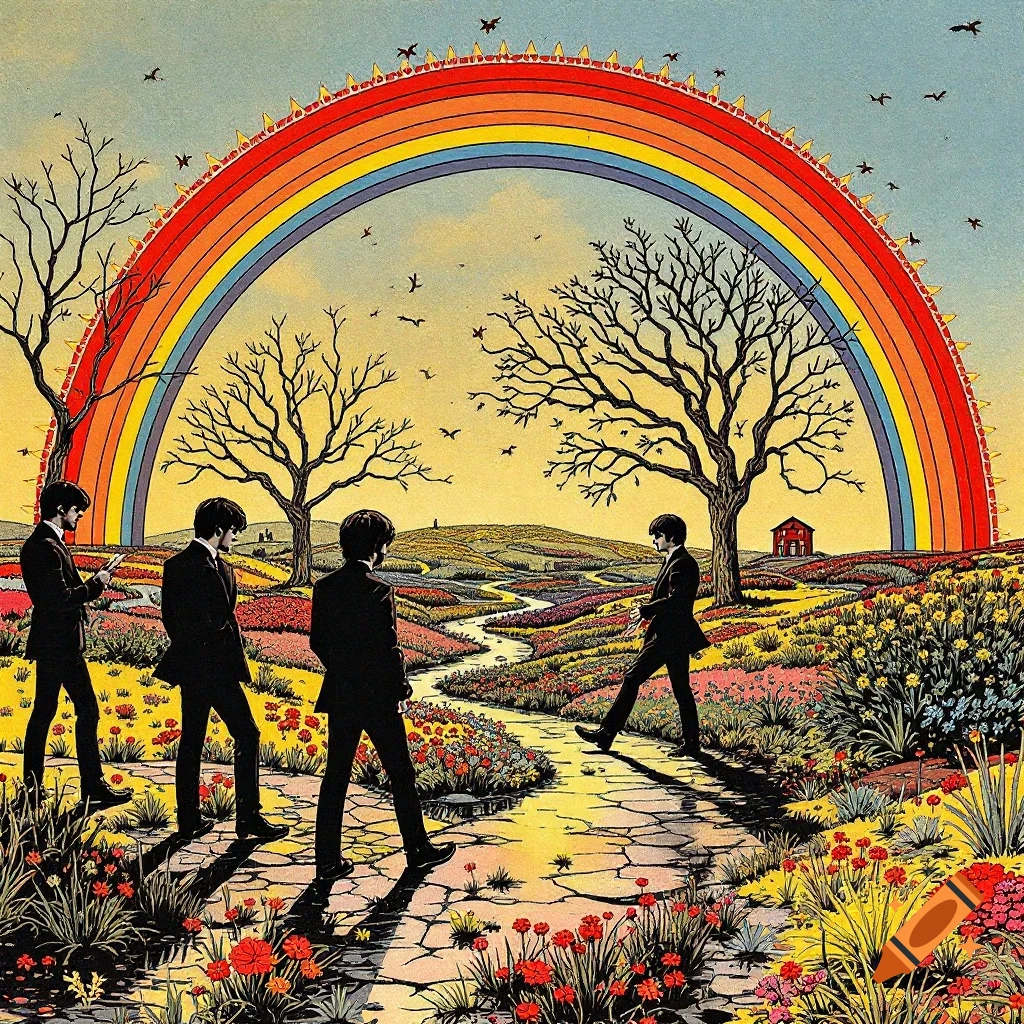 Four figures resembling The Beatles walk on a path through a vibrant, psychedelic landscape with a large rainbow.