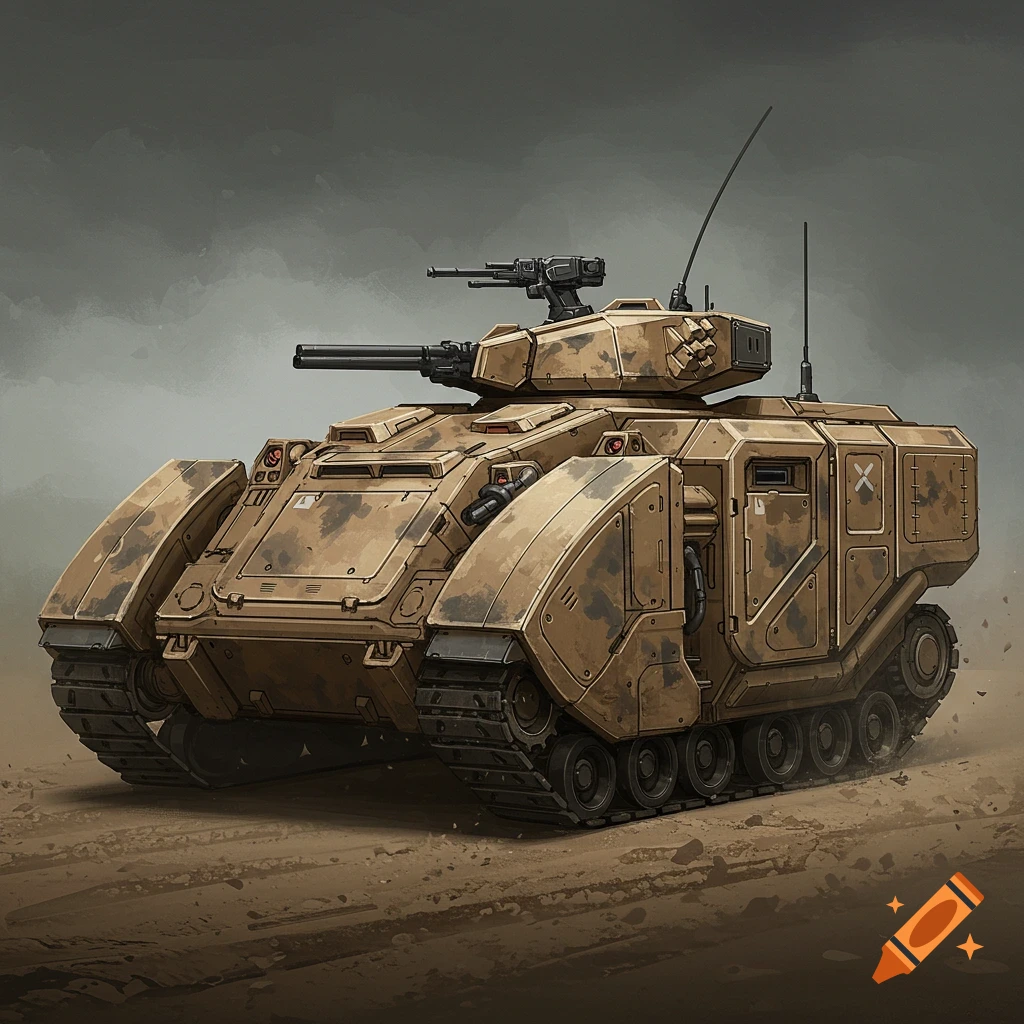 A futuristic brown armored vehicle with tracks and weapons in a desert.