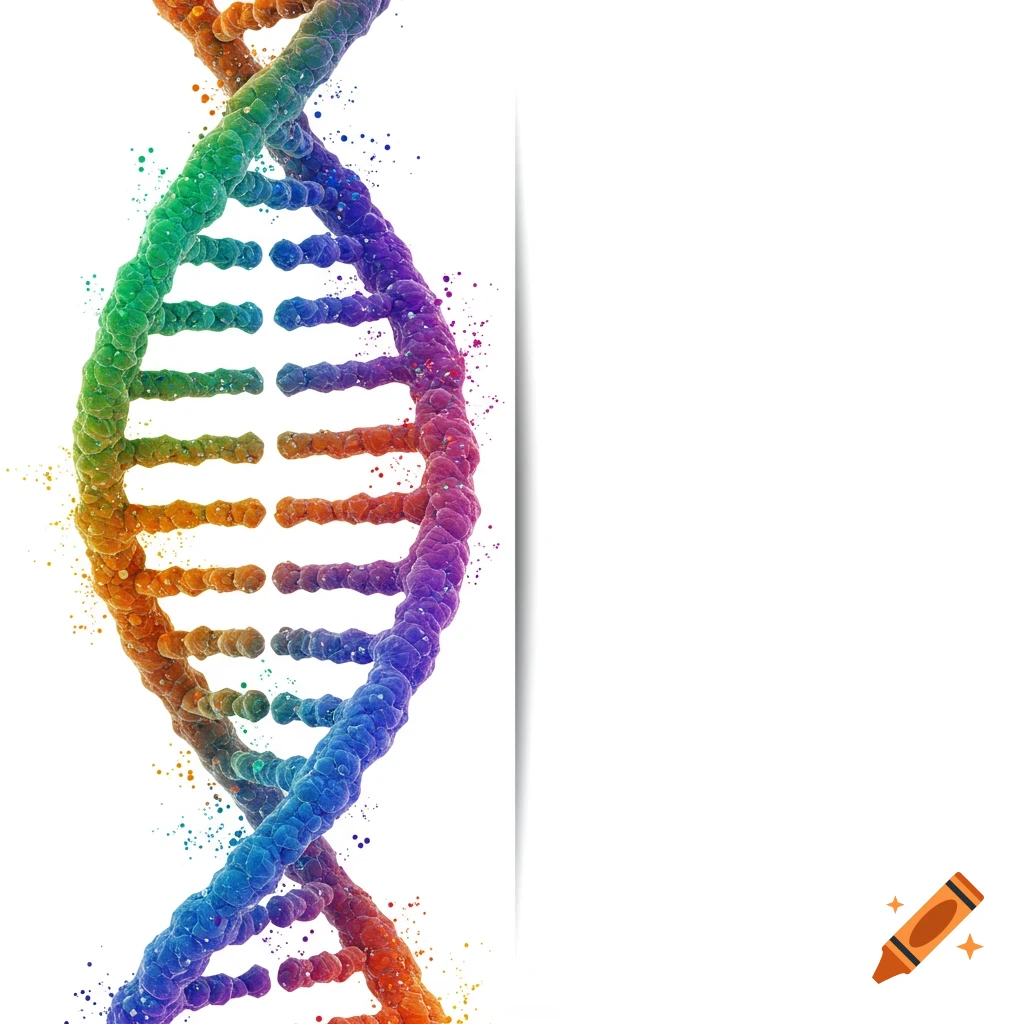 Colorful rainbow DNA strand illustration on a white background with copy space.