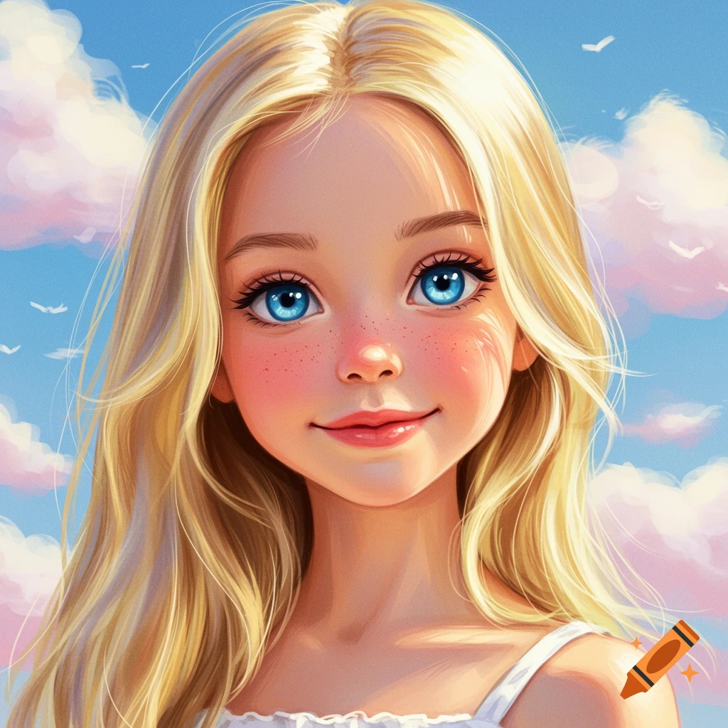 A young blonde girl with blue eyes and freckles smiles under a cloudy sky.