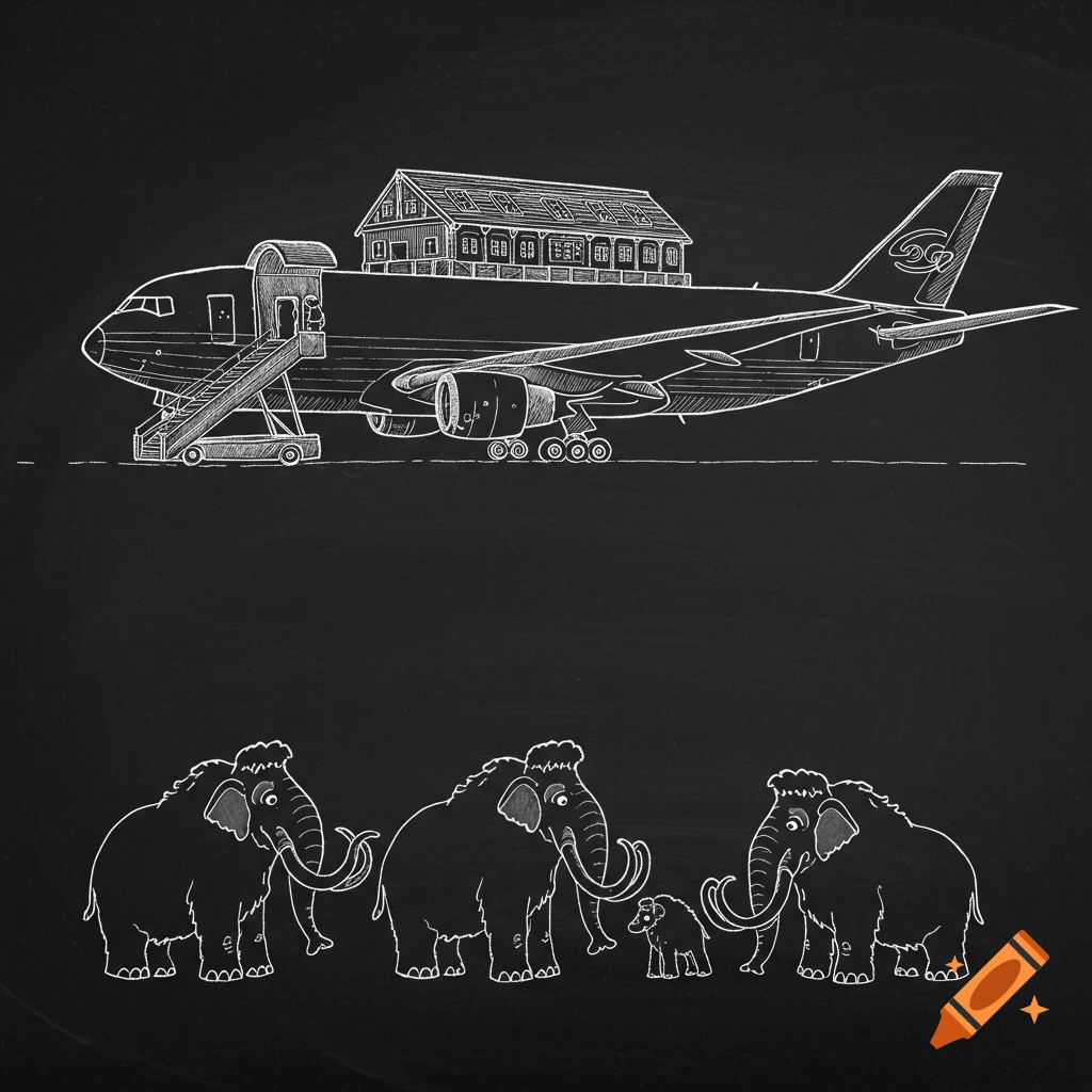 White line art illustration of a cargo plane with a house on top and several mammoths standing below on a black background.