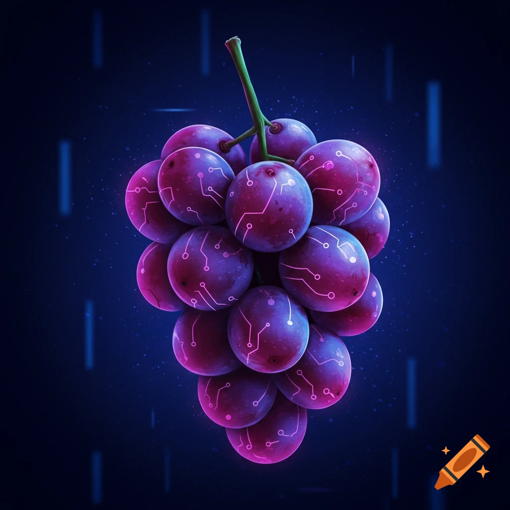 Purple grapes with pink circuit board patterns on a dark blue background.