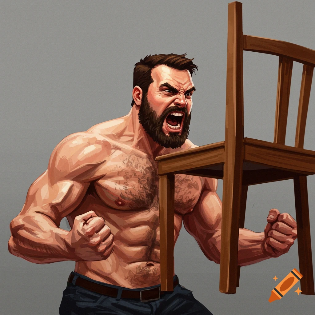 A muscular man is yelling angrily at a wooden chair.