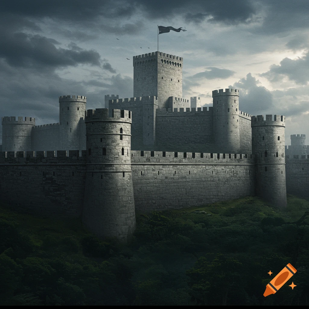 A stone fortress with towers and walls under a cloudy sky.