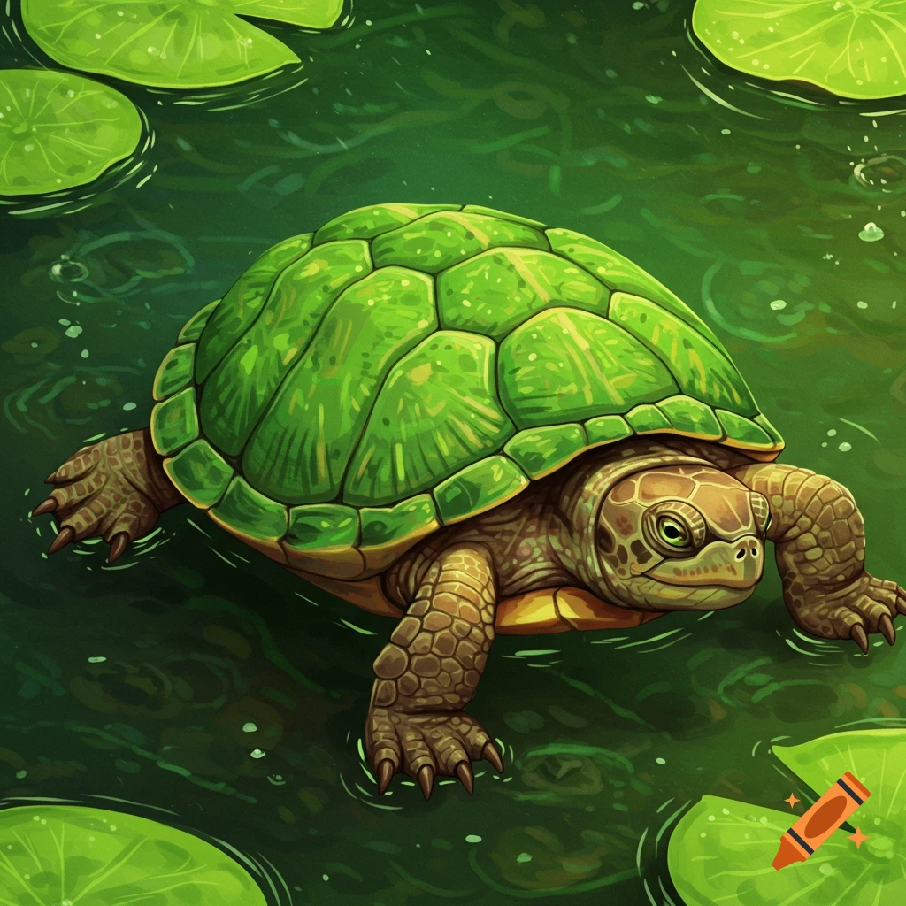 A green turtle swimming among lily pads in a pond.