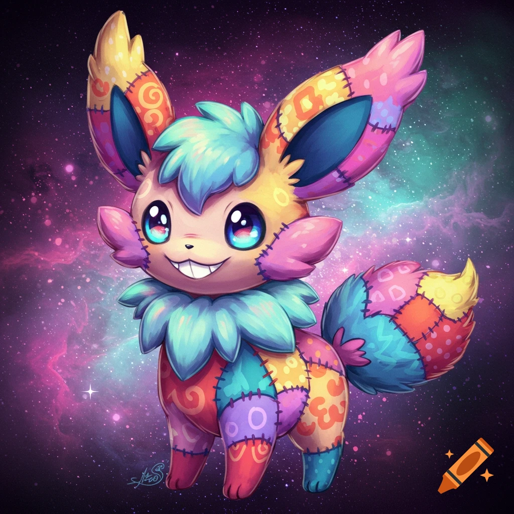 A colorful patchwork creature resembling Eevee stands in front of a galaxy background.