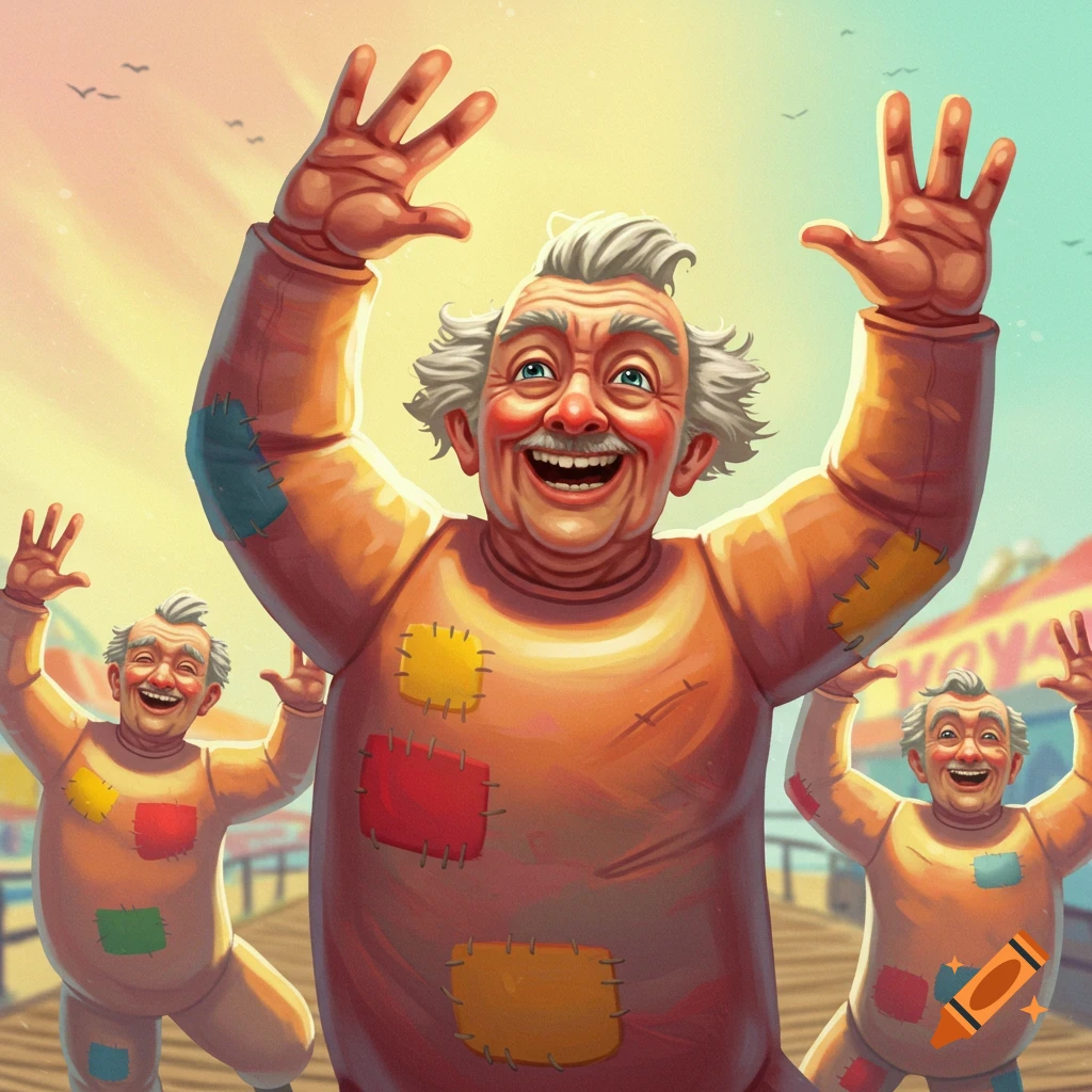 Three joyful figures in orange patch costumes, resembling elderly inflatable tube men, waving arms at a fairground.