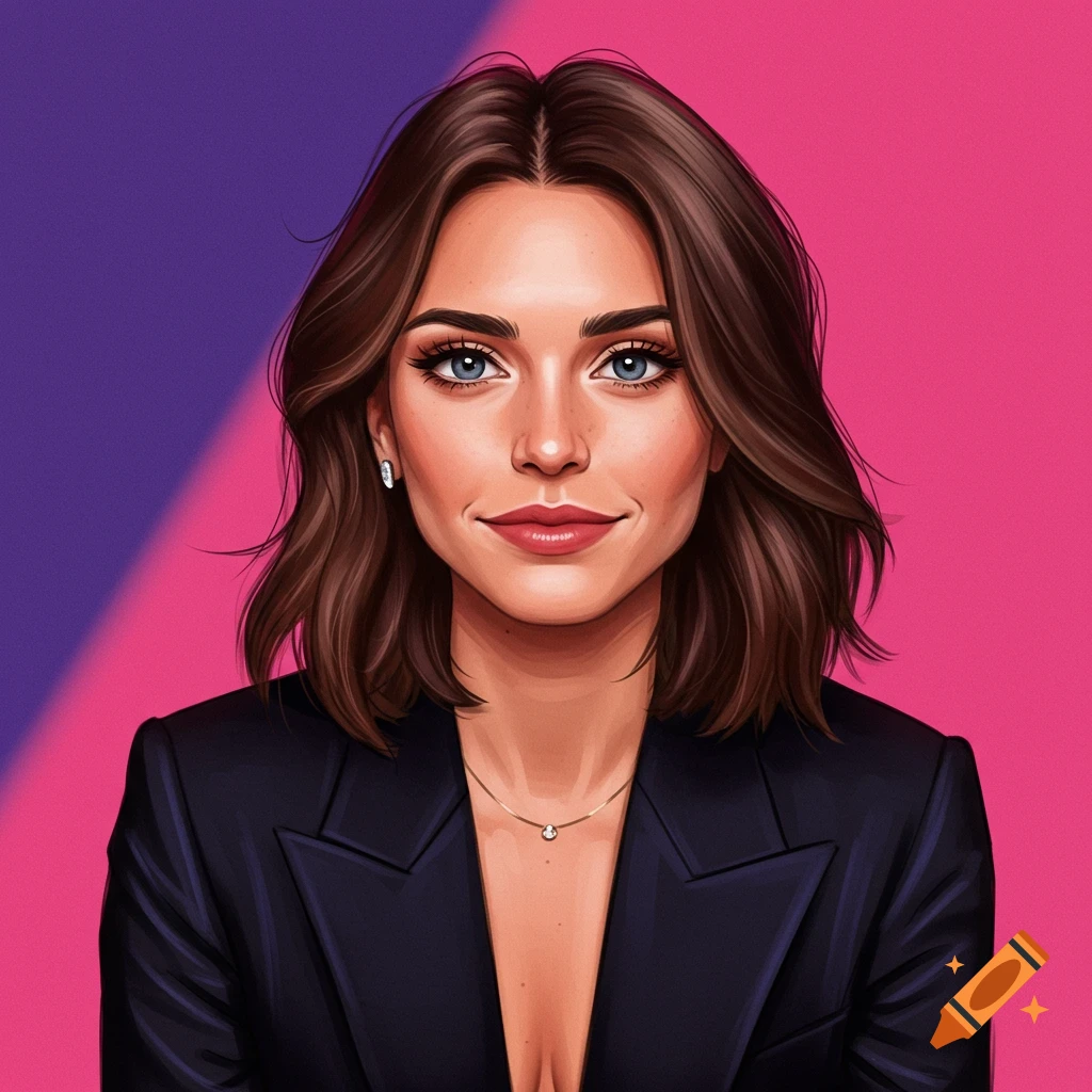 A woman in a black blazer is smiling against a pink and purple background.