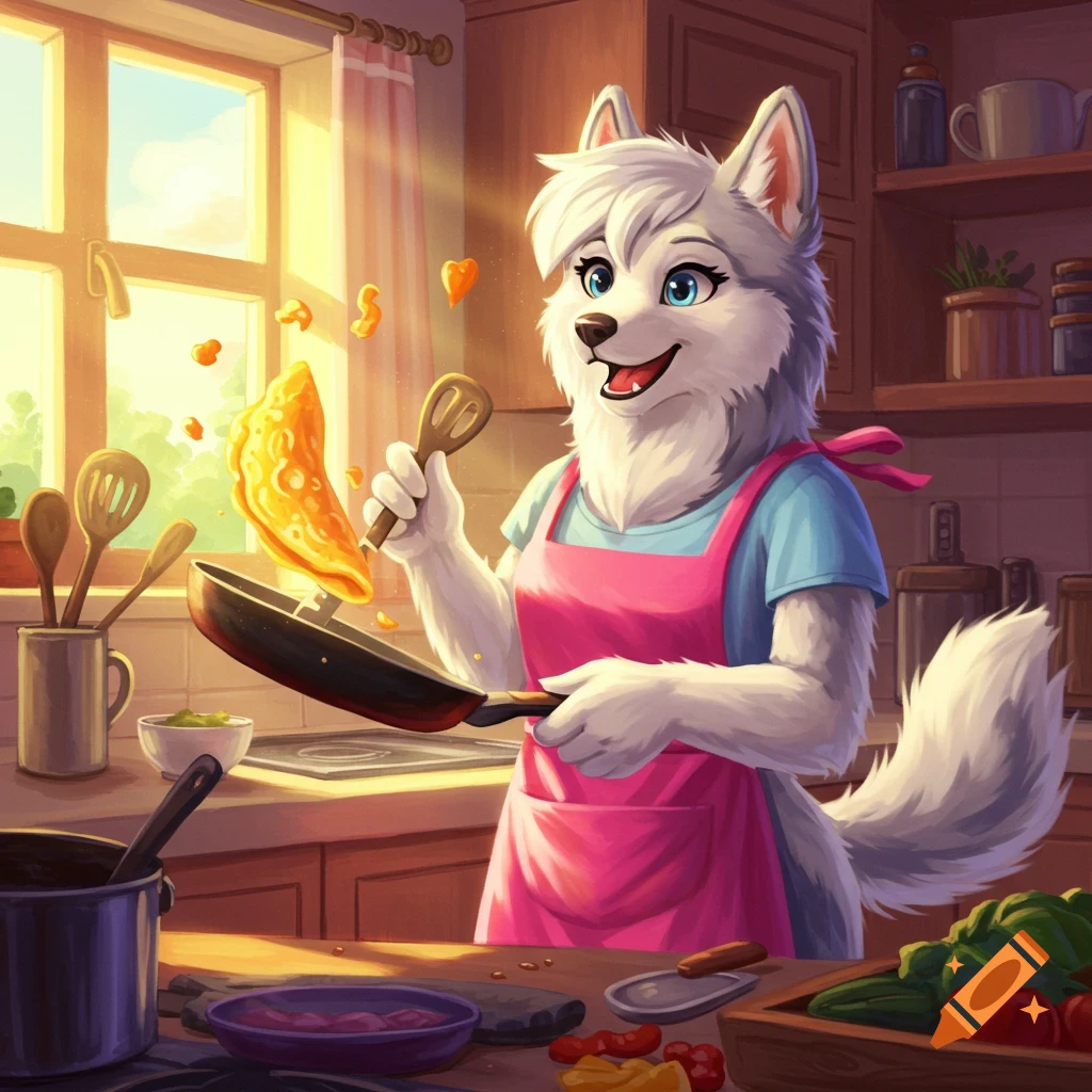 Anthro female husky cooking an omelette in a pan in a sunlit kitchen.