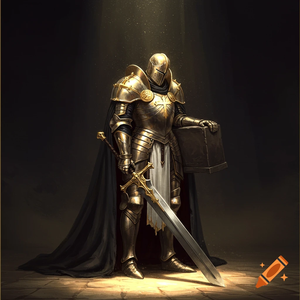 A knight in golden armor holding a sword and book