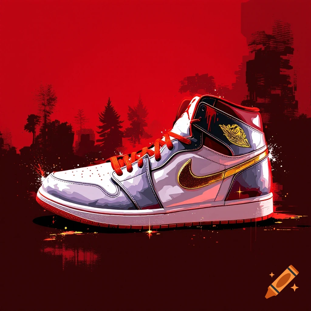 A white, gold, and red high-top sneaker is shown against a red background with silhouetted trees and buildings.