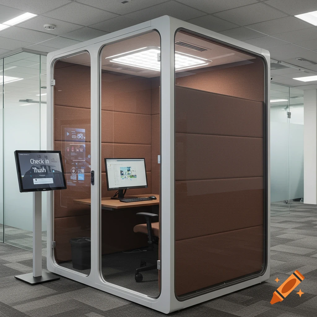 A modern private office pod inside a larger office space, with a check-in screen and computer monitor.