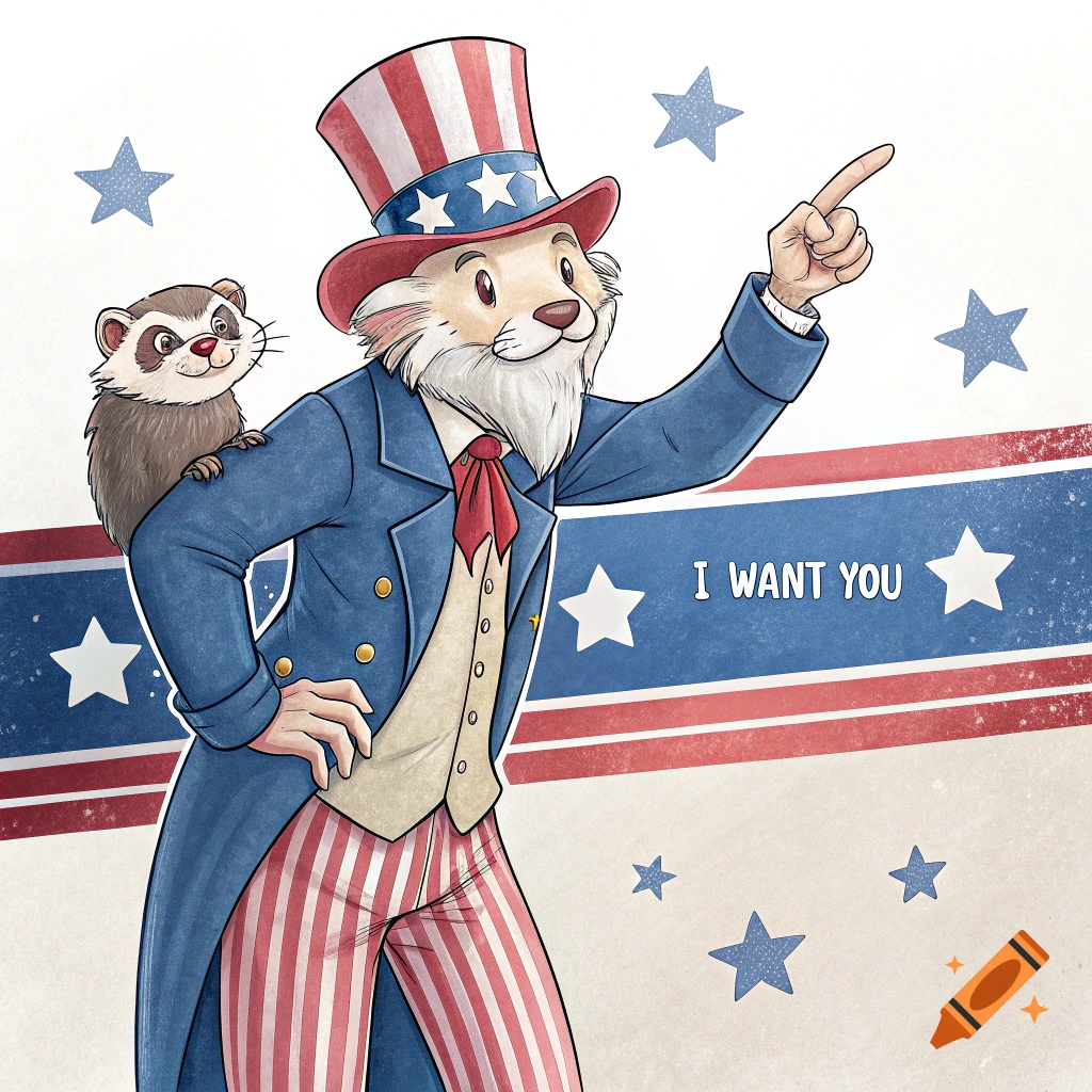 Illustration of a ferret dressed as Uncle Sam pointing, with another ferret on its shoulder, against a patriotic background with stars and stripes and 'I WANT YOU' text.