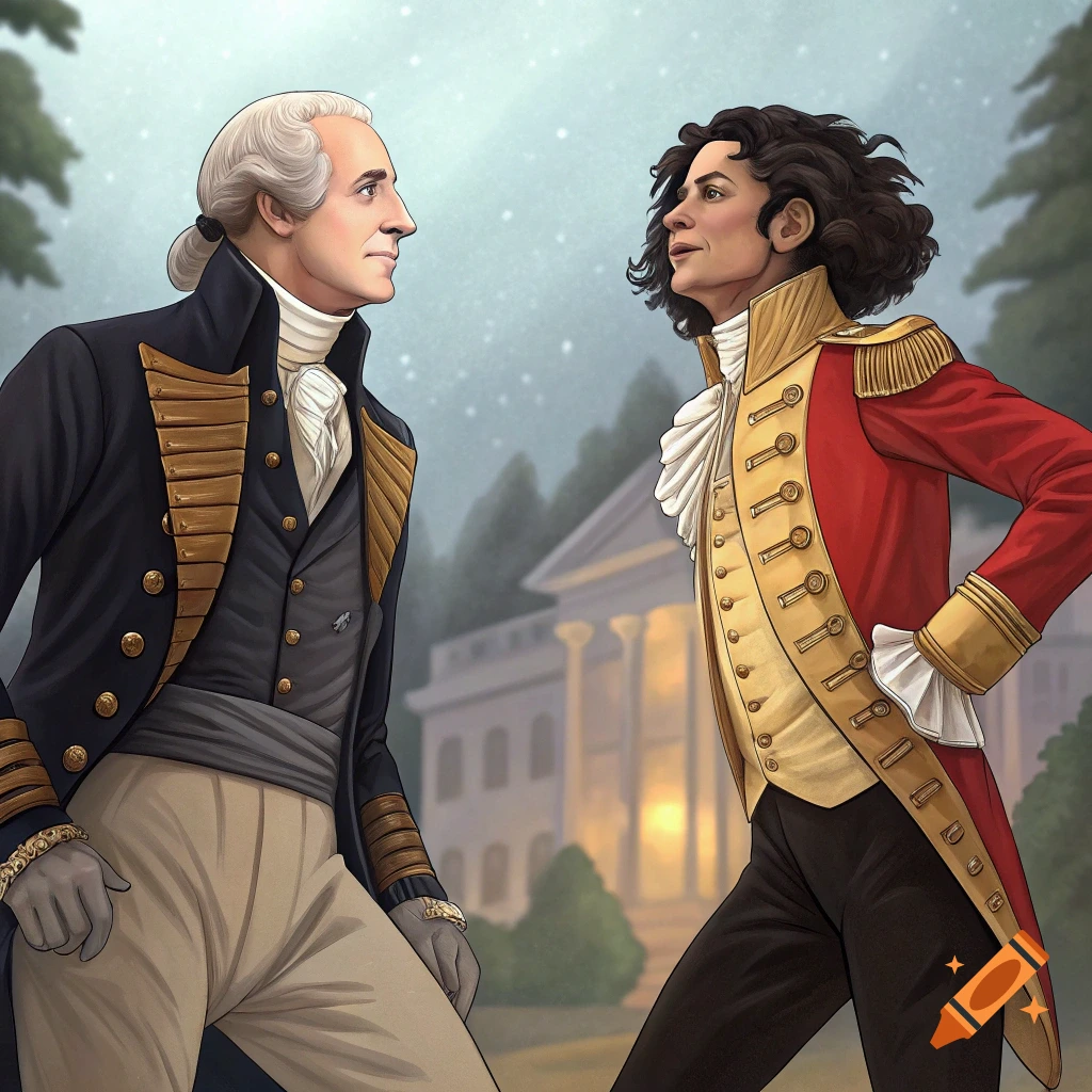 Stylized illustration of George Washington and Michael Jackson in historical clothing looking at each other outside a building.