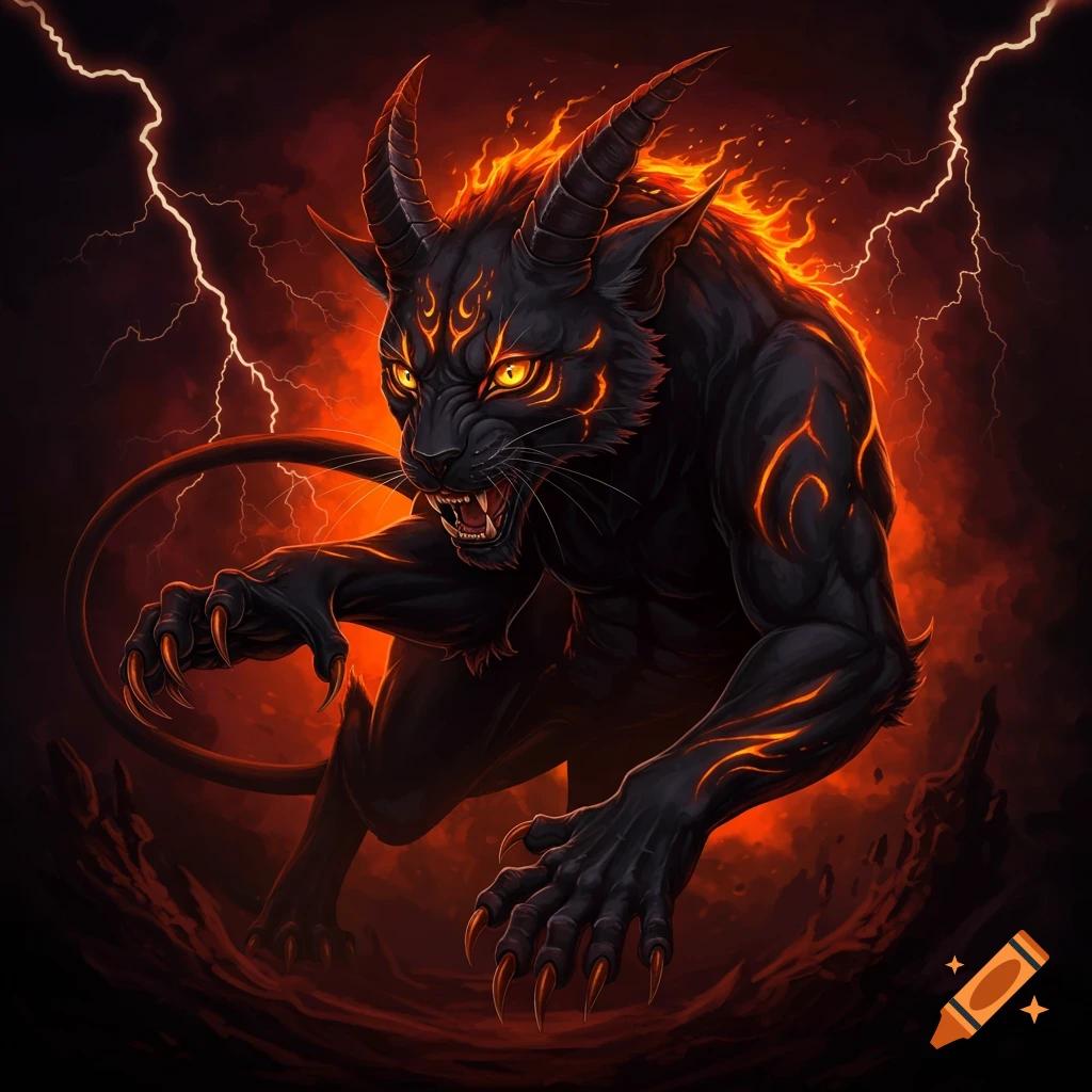 A fearsome black creature with horns, fiery markings, and claws stands in a dark, stormy, rocky landscape.
