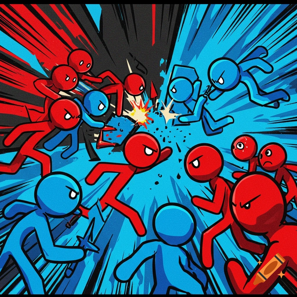 Red and blue stick figures fighting in action poses with speed lines.