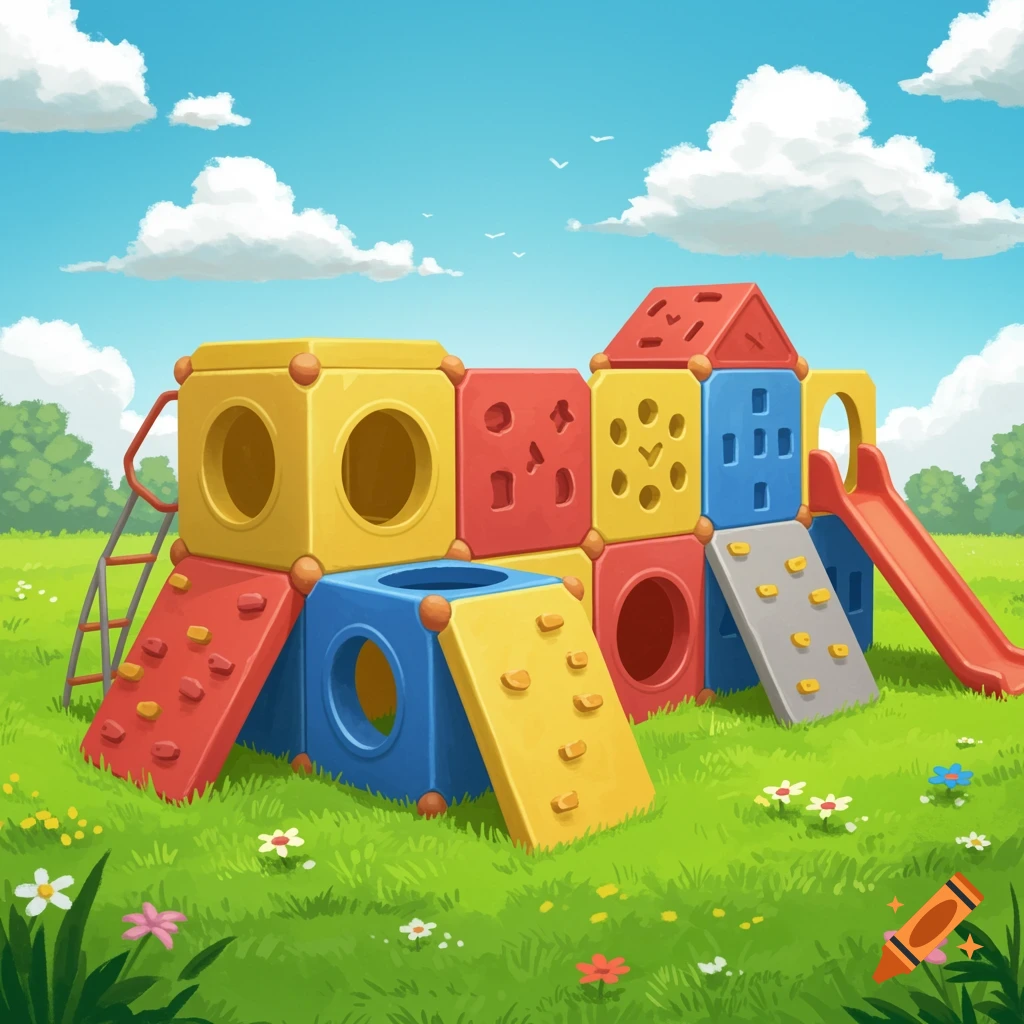 A colorful, cartoonish playground structure on a grassy field under a blue sky with clouds.