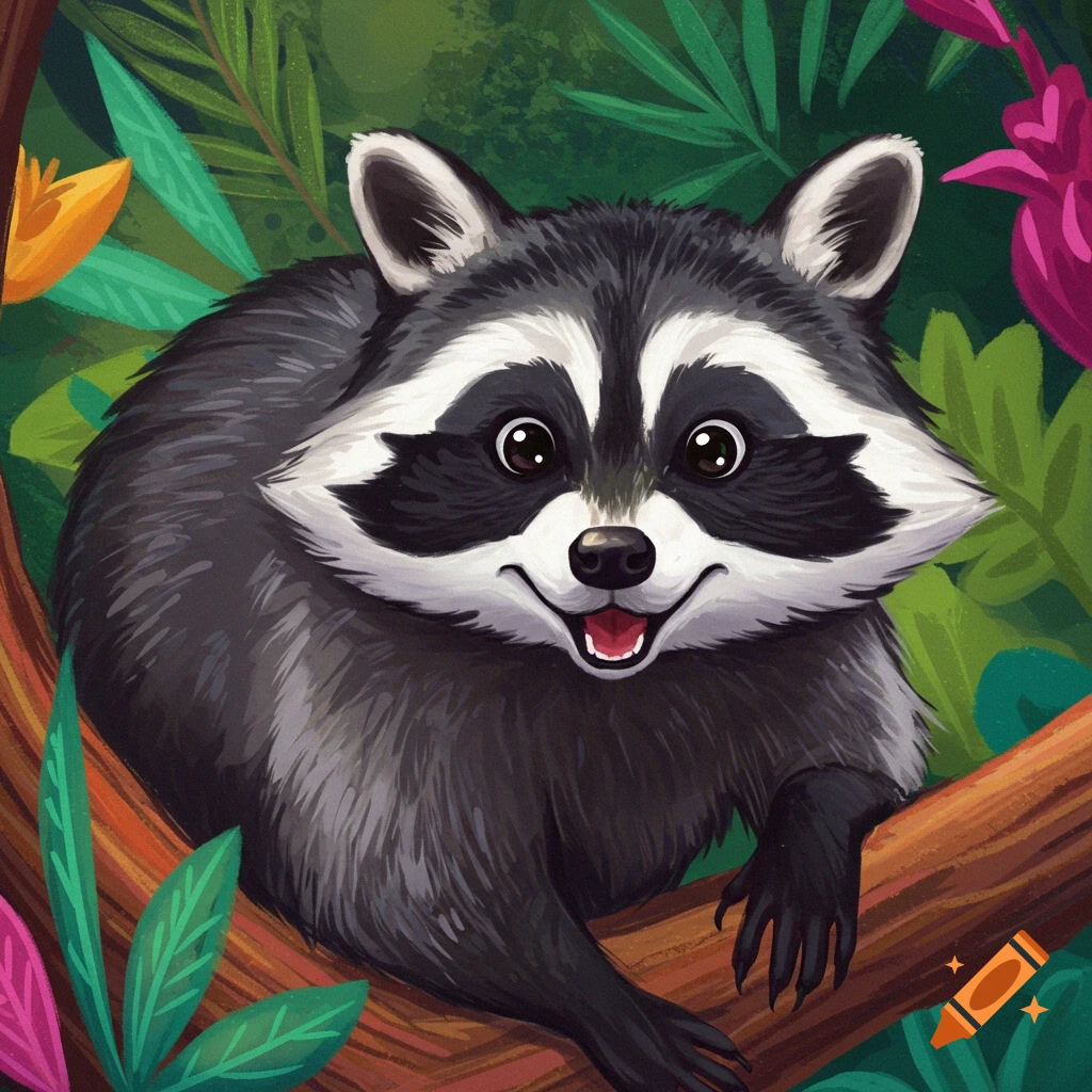 A smiling cartoon raccoon in a jungle setting.