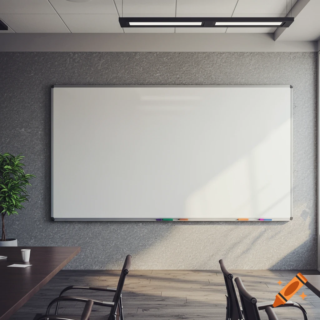 A blank whiteboard hanging on a gray wall in a conference room, with chairs, a table, and a plant visible.