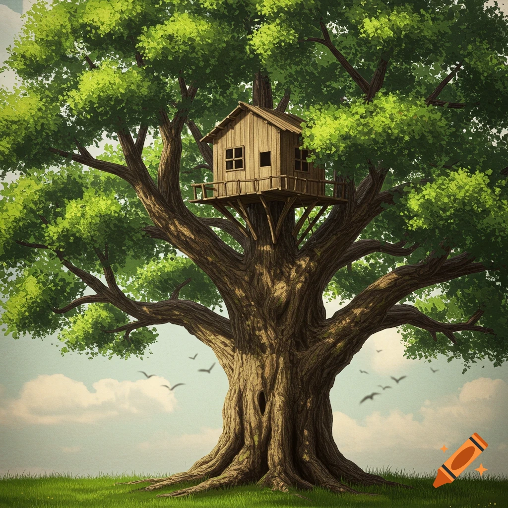 A treehouse is nestled high in a large, ancient tree with green leaves under a partly cloudy sky with birds.