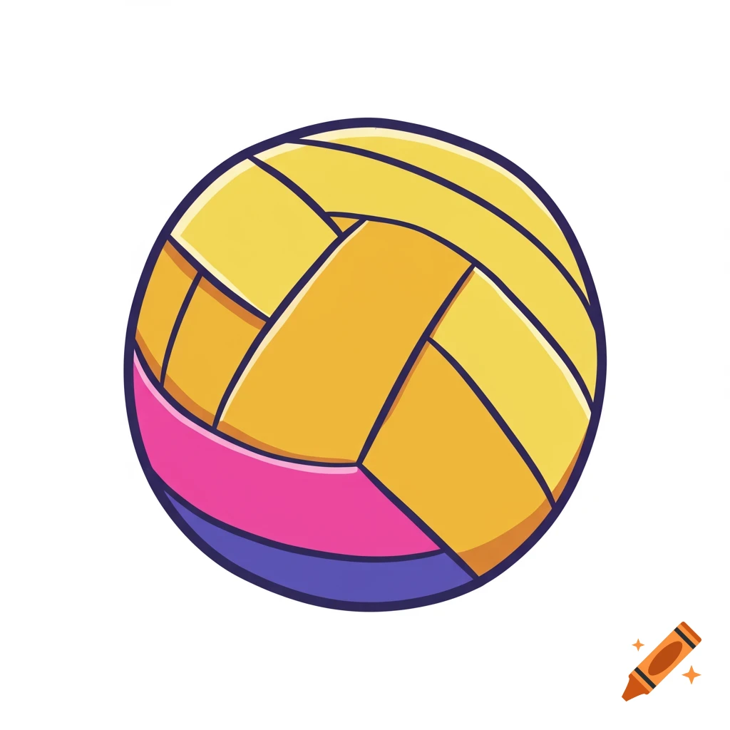 Stylized clip art illustration of a volleyball with yellow, pink, and purple panels.