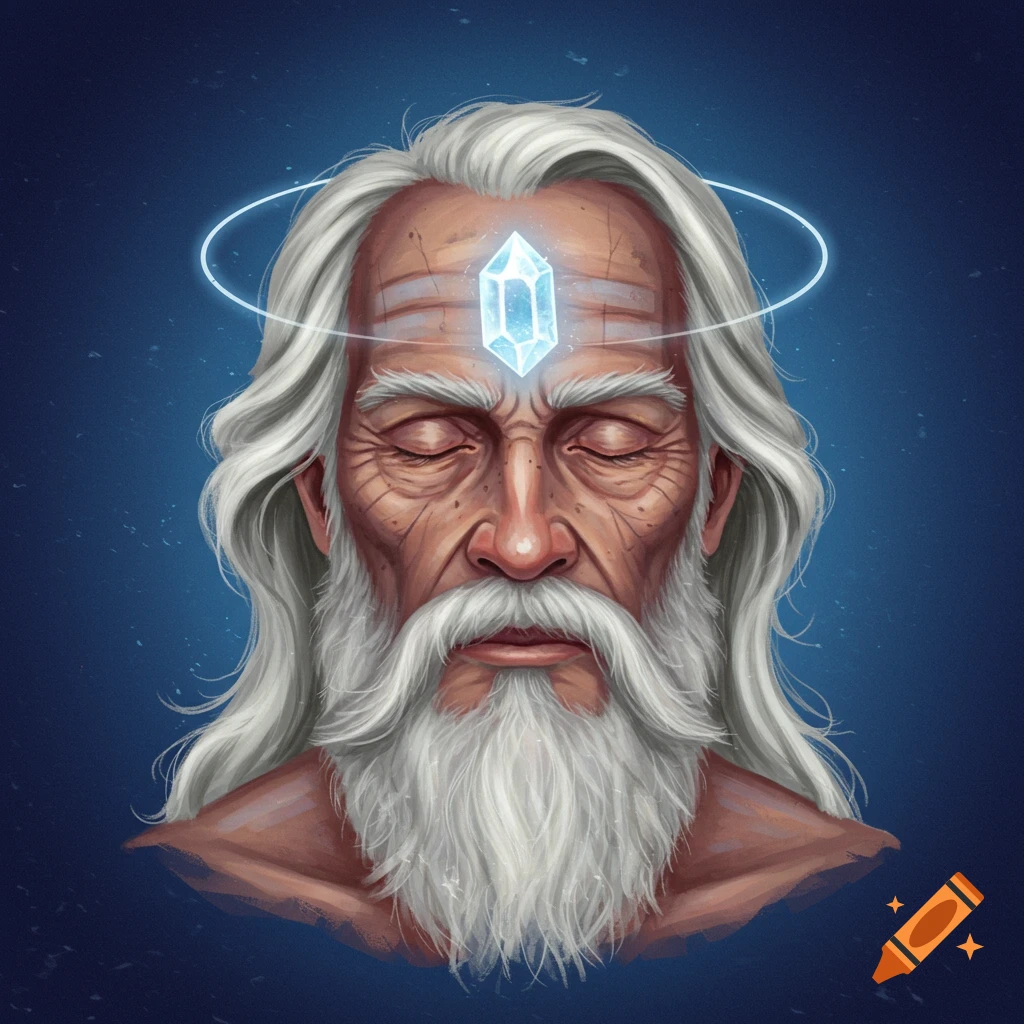 A depiction of an old man with a white beard, a crystal on his forehead, and a glowing blue halo.