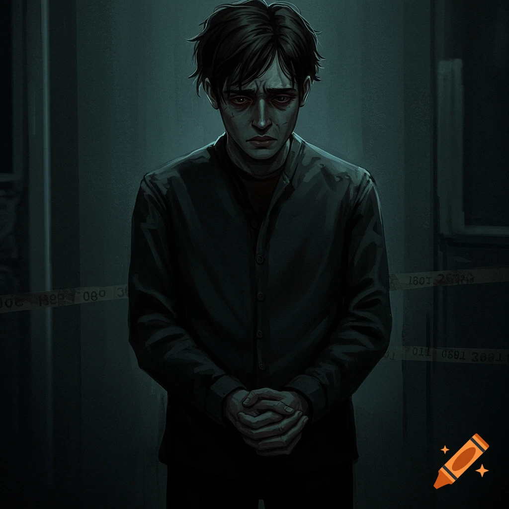 A young man looking guilty, standing in a dark room with caution tape.