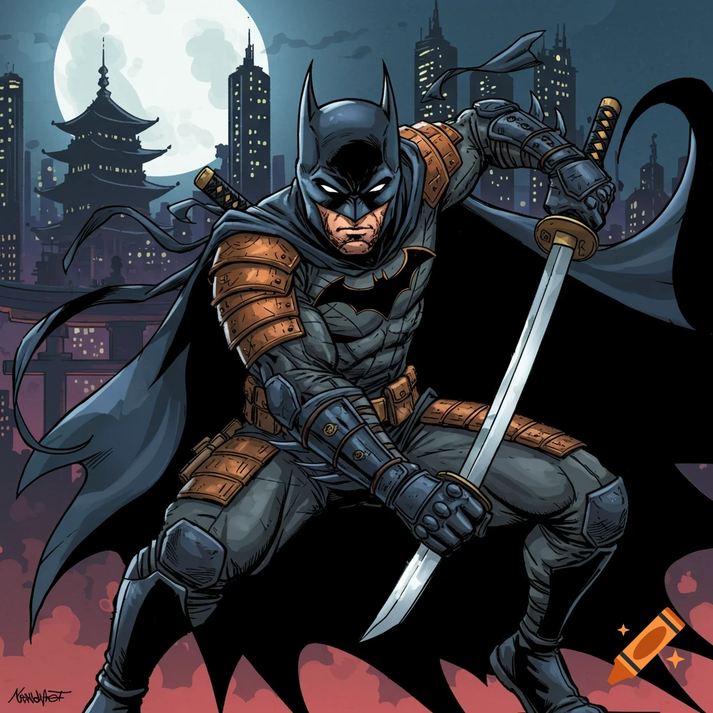 Batman in a ninja suit with a sword, standing in front of a full moon and city skyline. Comic art style.