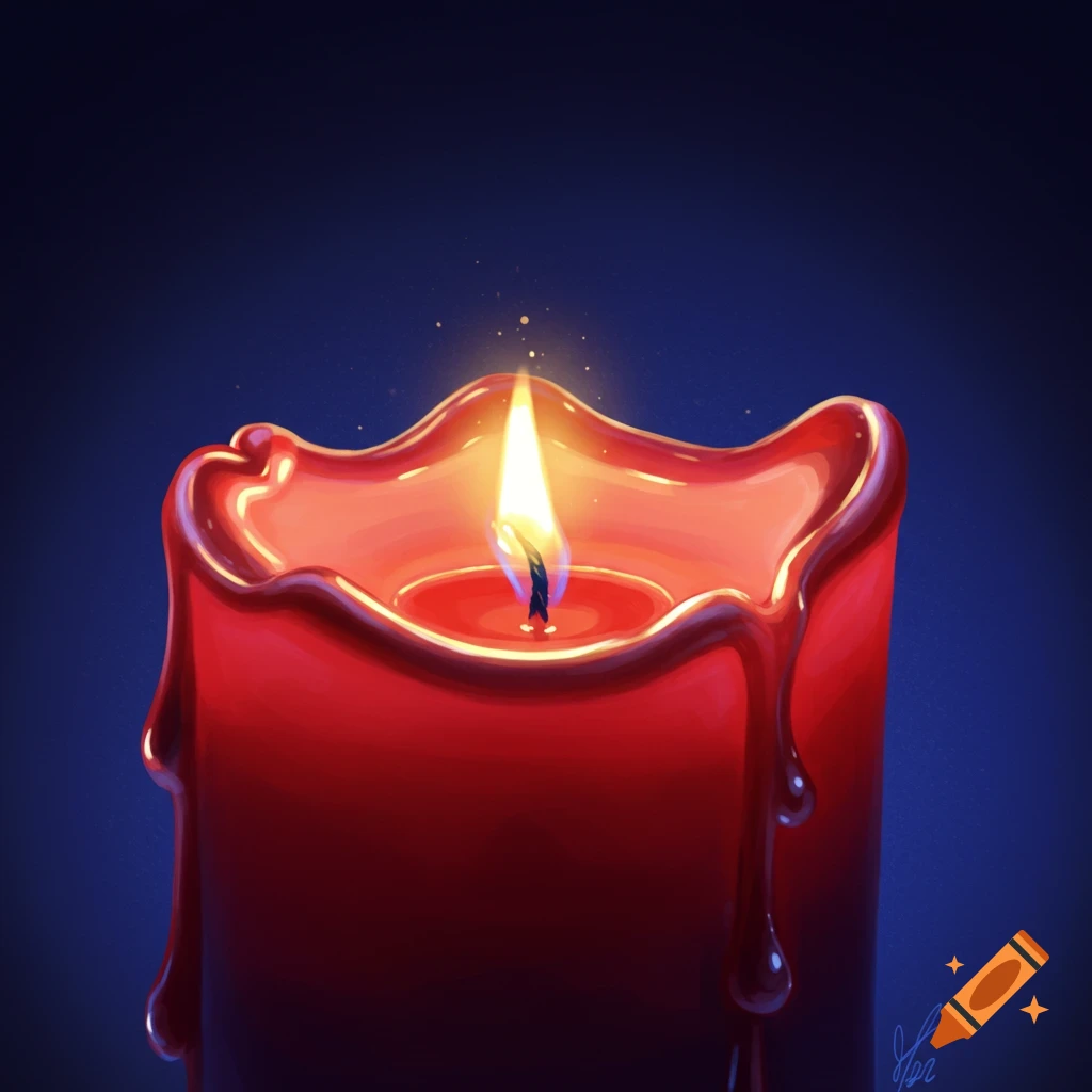 A lit red candle with dripping wax.