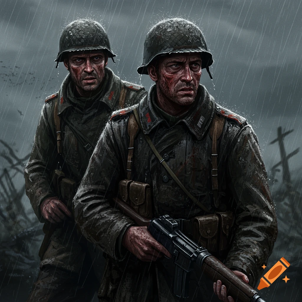 Two grim soldiers in the rain on a battlefield.