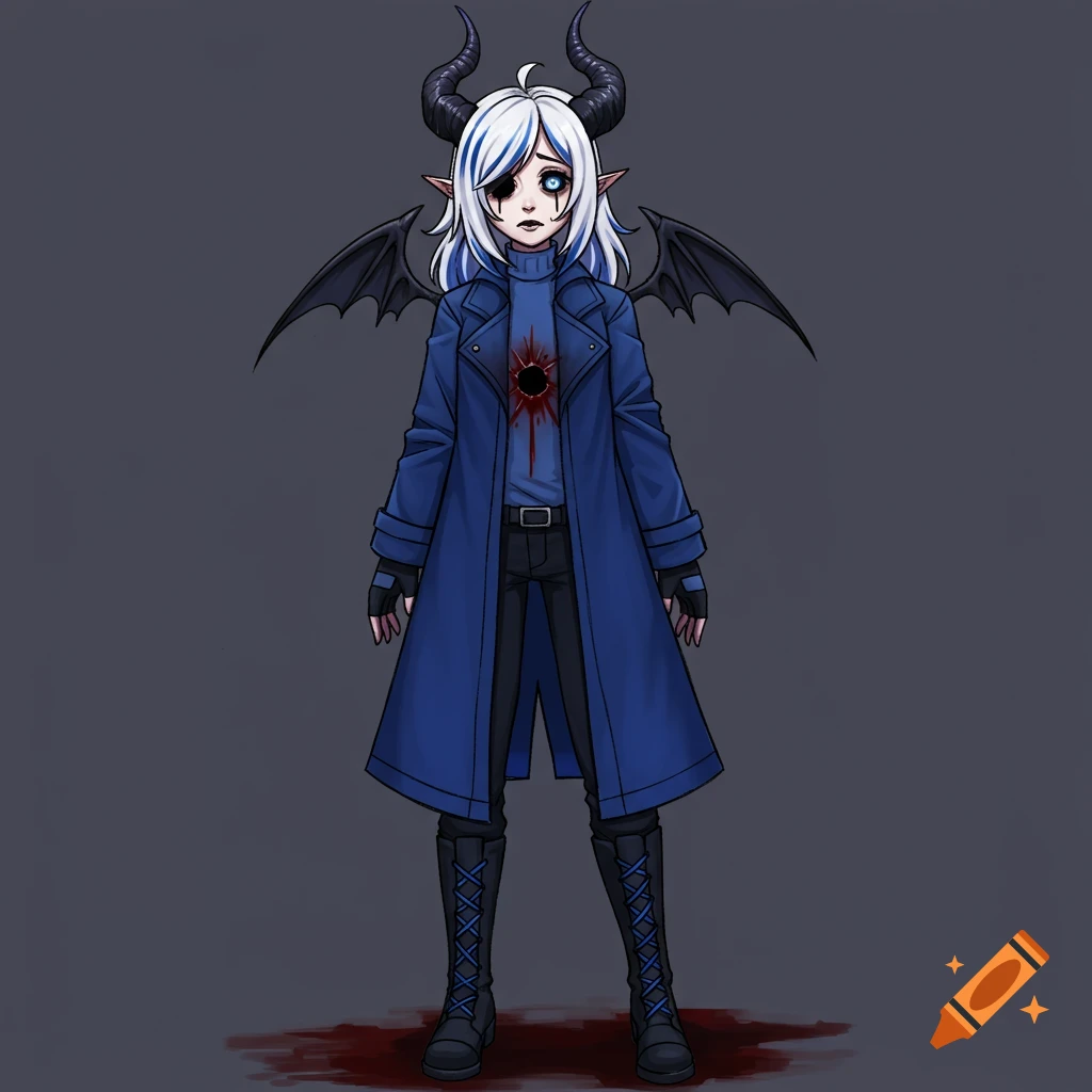 An anime character with white hair, blue streaks, black horns, and dark wings wears a blue coat and black boots, standing with a wound in her chest and blood on the ground.
