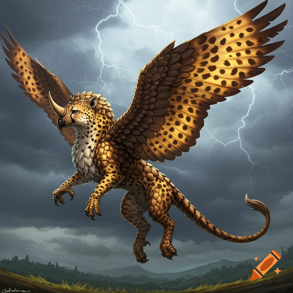 A flying mythical beast with a cheetah pattern, feathered wings, and a horn, set against a stormy sky with lightning.