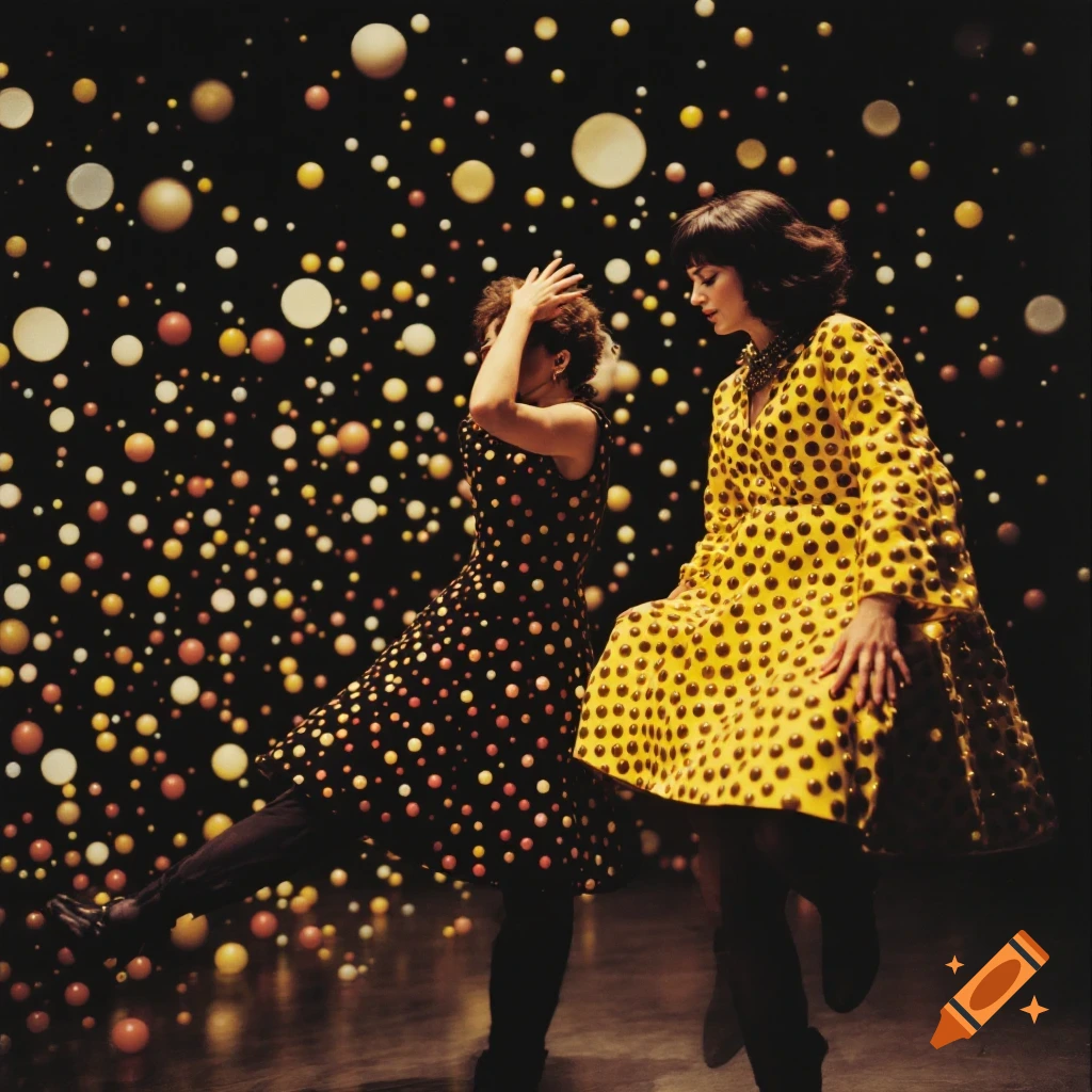 Two women in polka dot dresses pose or dance in front of a polka dot background installation.