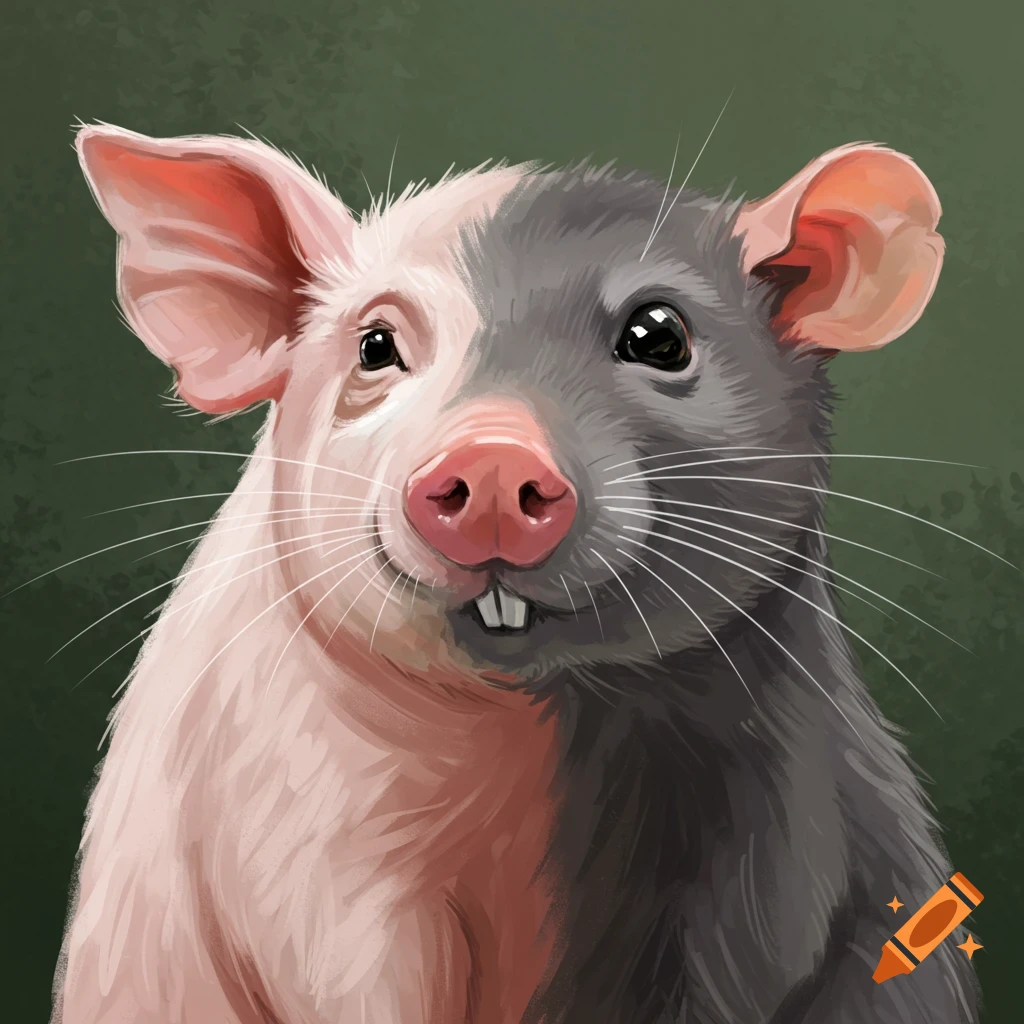a morphed pig and rat creature with a split face
