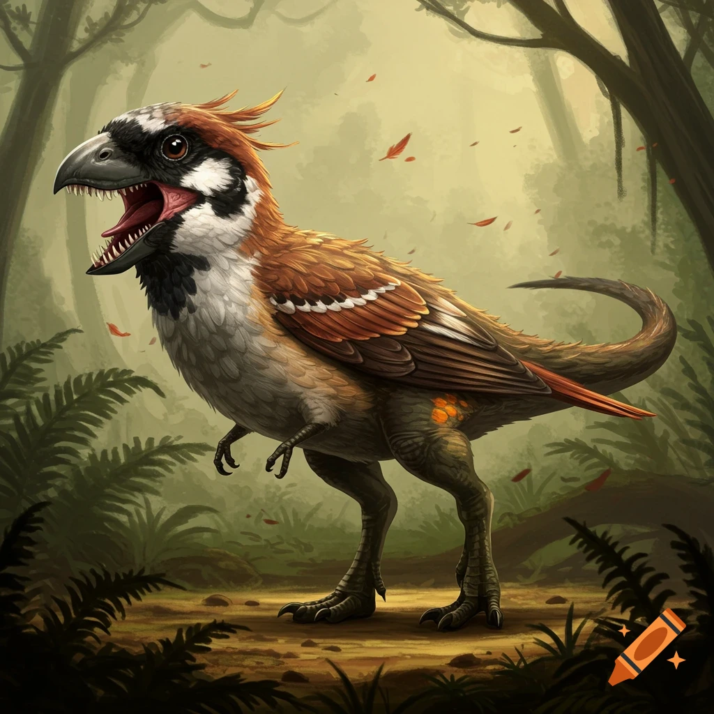 A sparrow-like dinosaur creature in a forest.