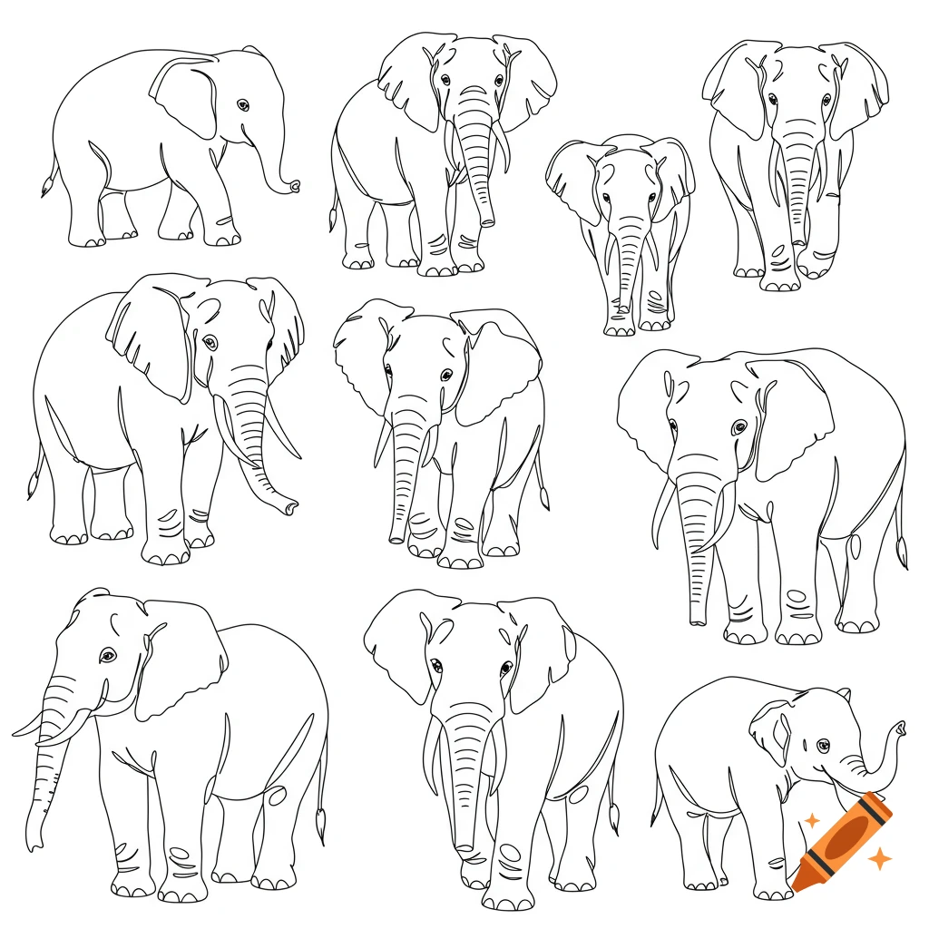 Minimalist line art illustrations of multiple elephants in various poses.