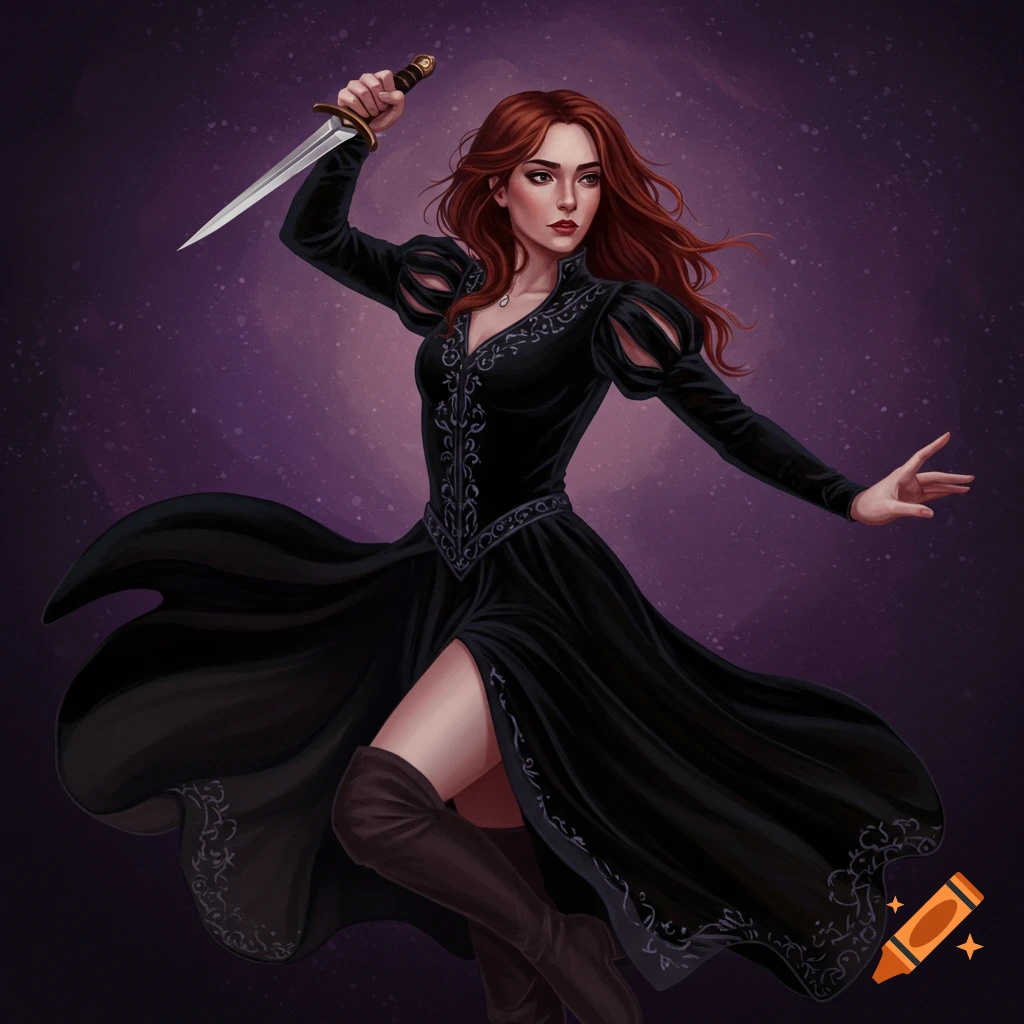 A female fantasy character in a black dress holding a dagger in a dramatic pose.
