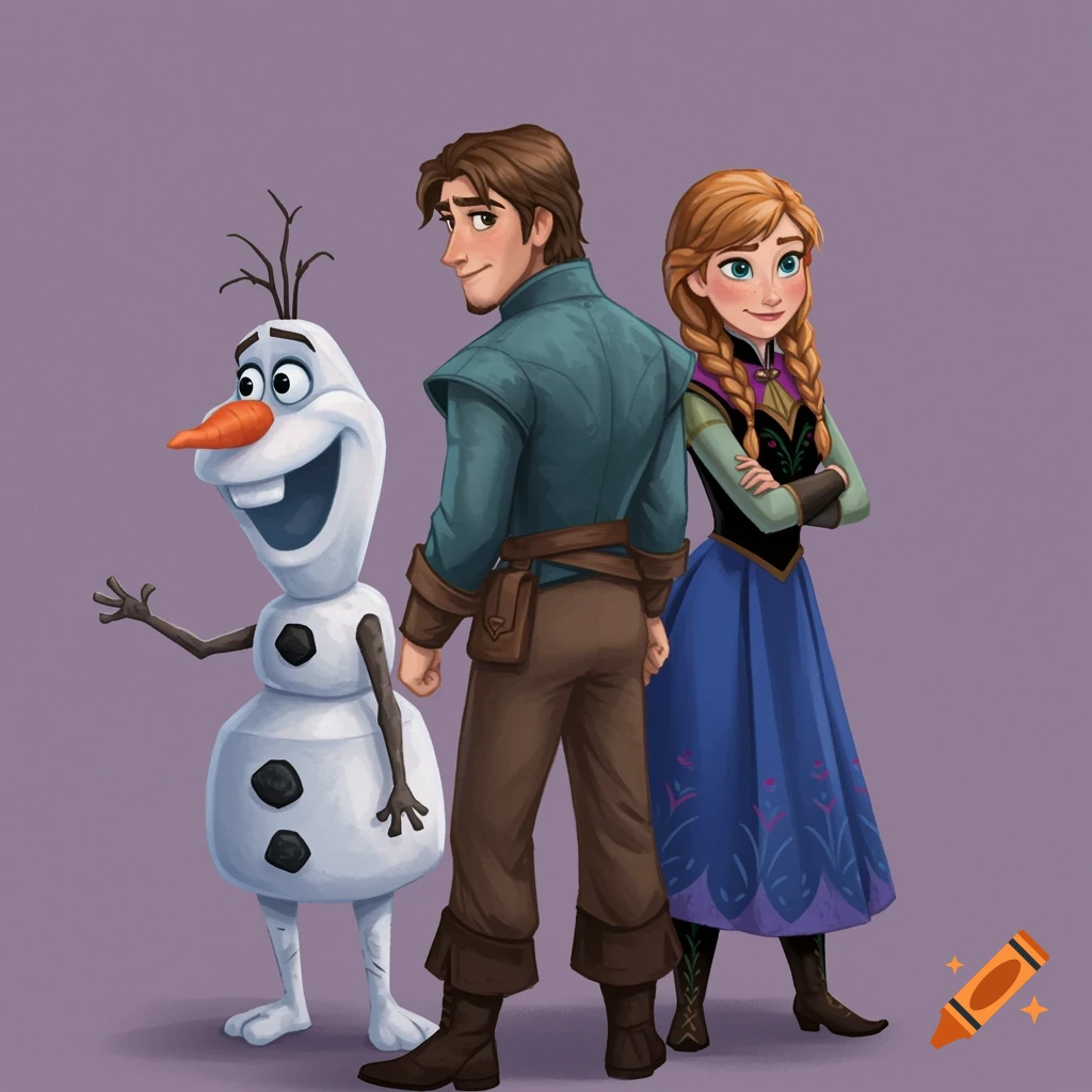 Olaf, Anna, and Kristoff standing together