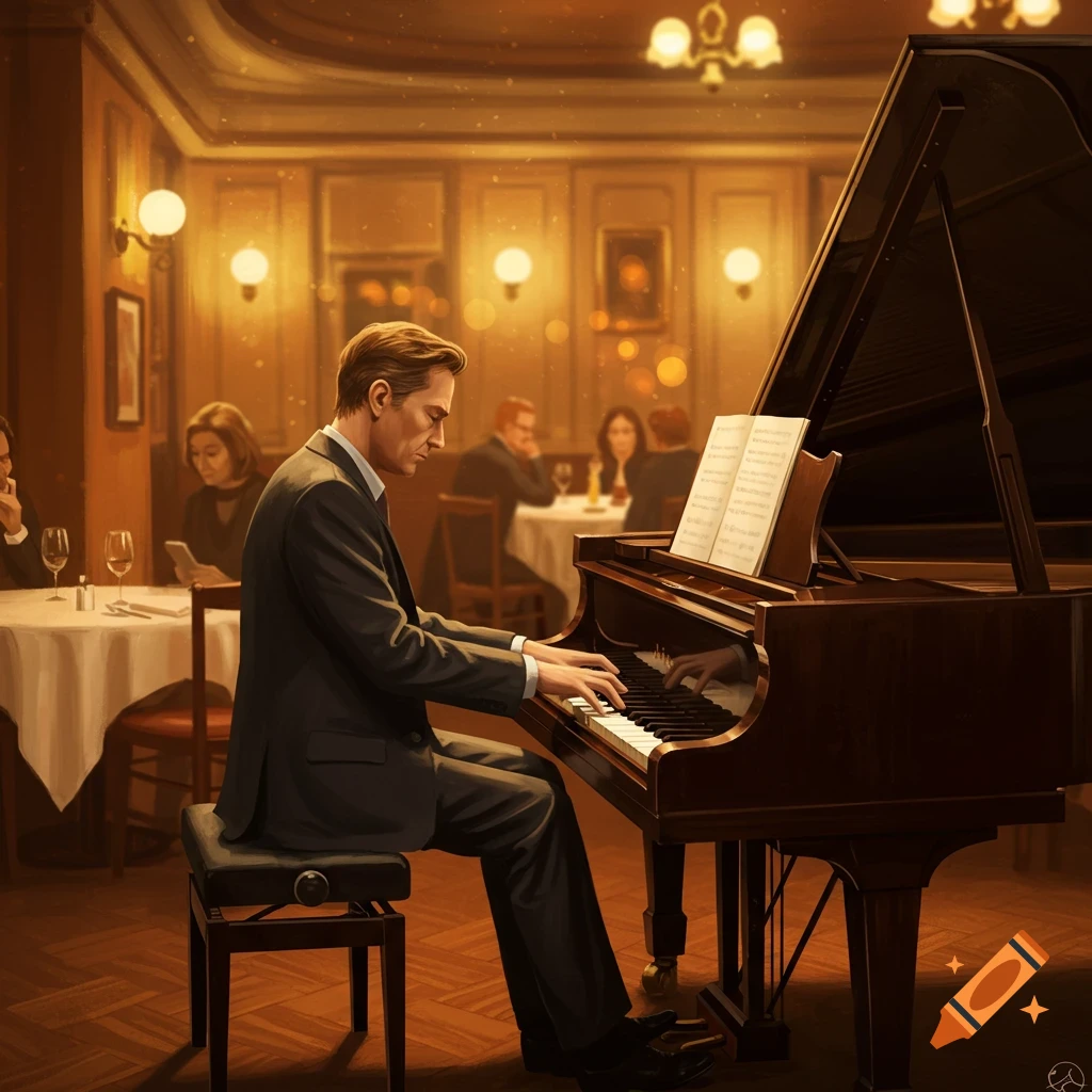 A man playing piano in a restaurant.