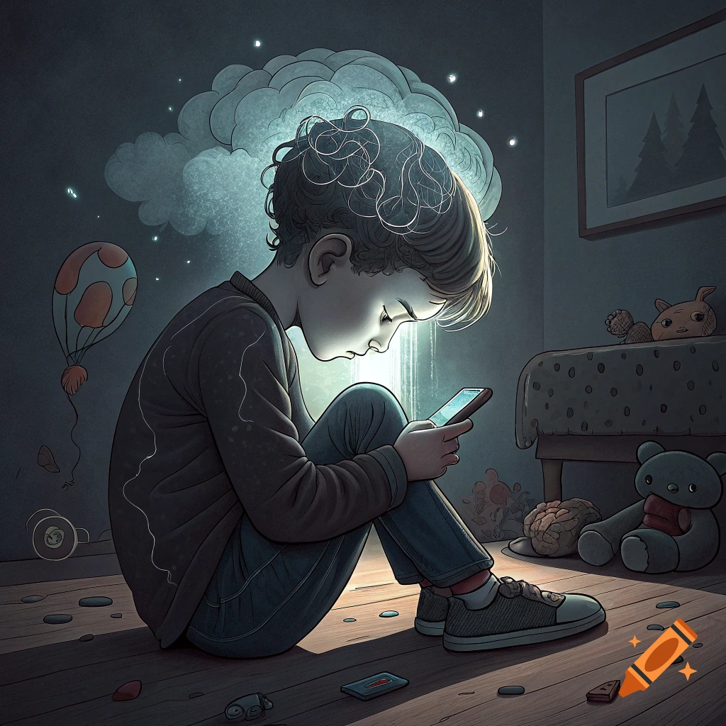 Illustration of a child sitting alone on the floor, looking at a glowing phone, with a dark cloud above their head.