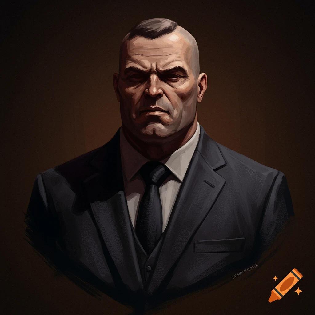 A stern man is depicted in a dark suit and tie.