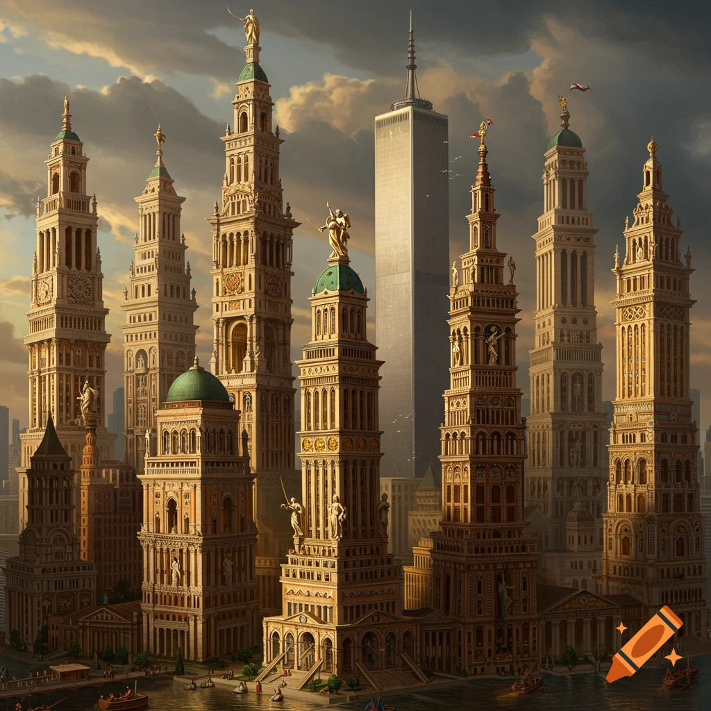 Ornate Baroque-style buildings and a modern skyscraper in a city by a river.