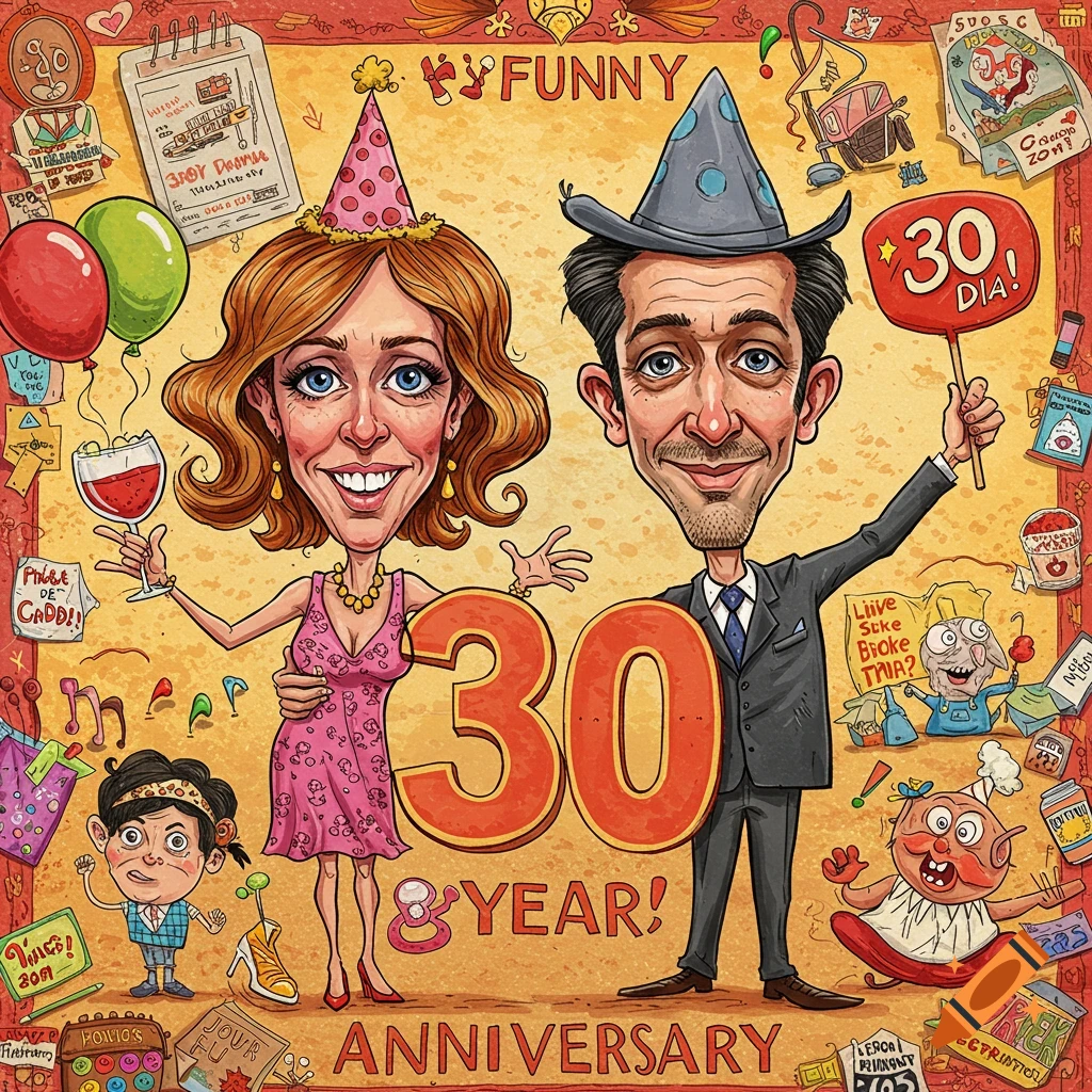 Funny caricature illustration of a couple celebrating a 30-year anniversary with party hats and decorations.