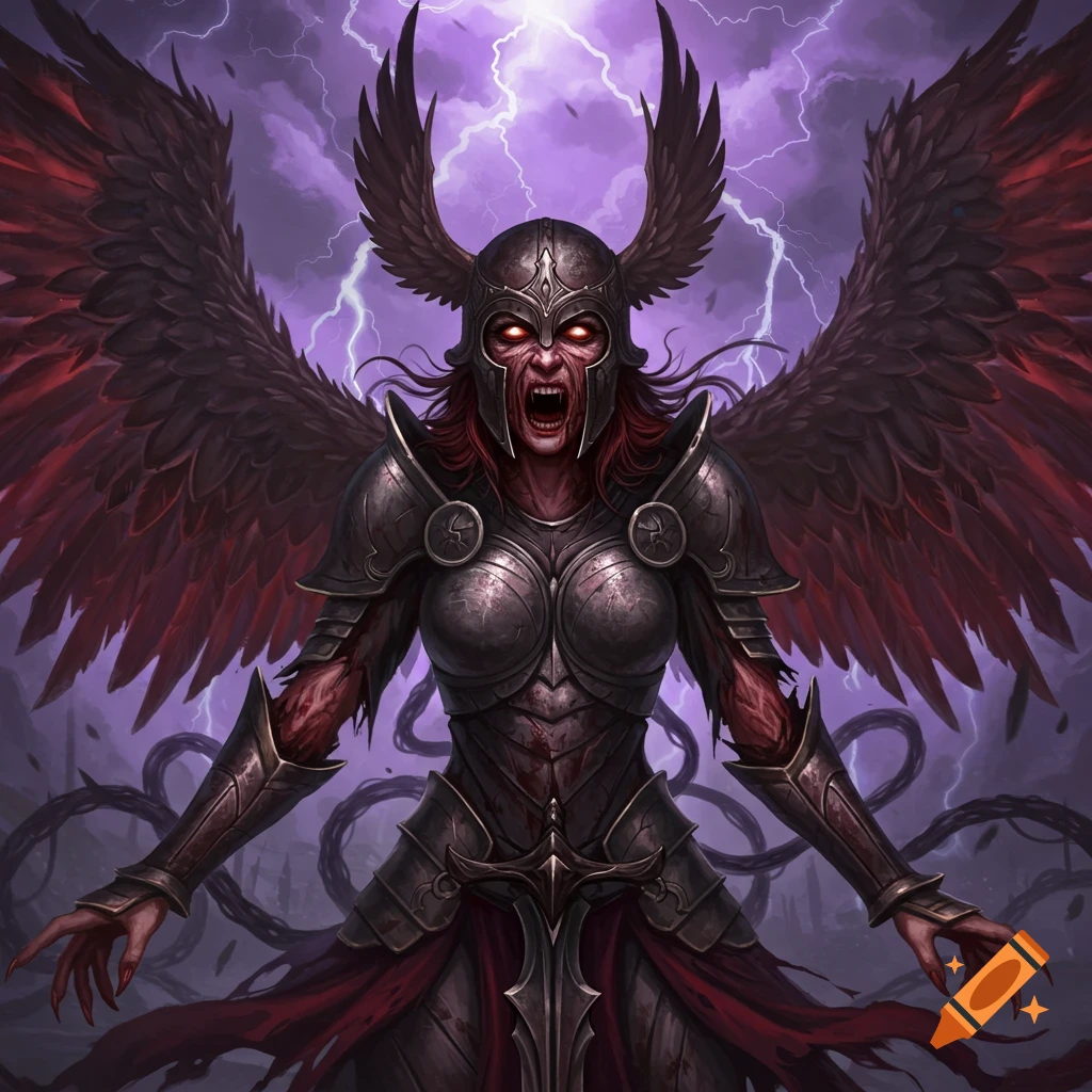 A corrupted Valkyrie in armor with wings is screaming under lightning.