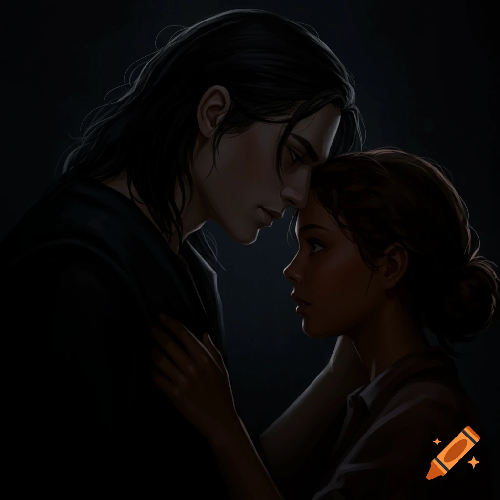 A couple is touching foreheads in the dark.