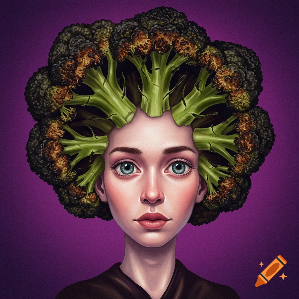 A person with burnt broccoli hair on a purple background.