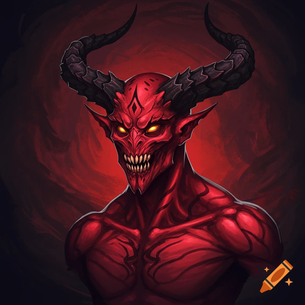 A red demon with large horns, sharp teeth, and glowing eyes
