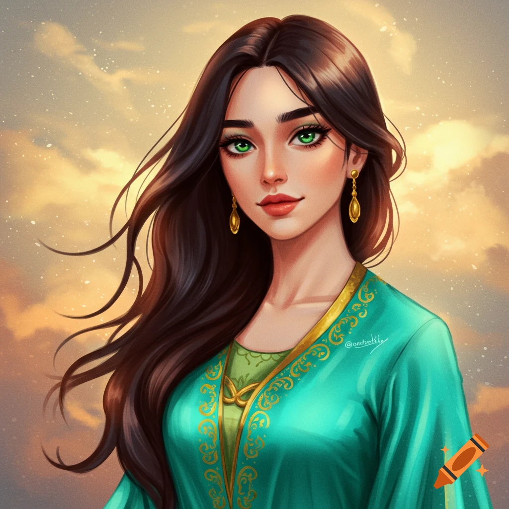 A woman with long dark hair and green eyes wears a teal dress with gold trim against a cloudy sky.