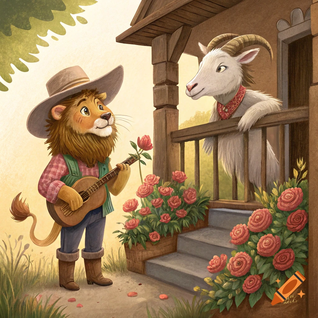 Illustration of a cowboy lion serenading a goat on a balcony with a guitar and rose, surrounded by flowers.