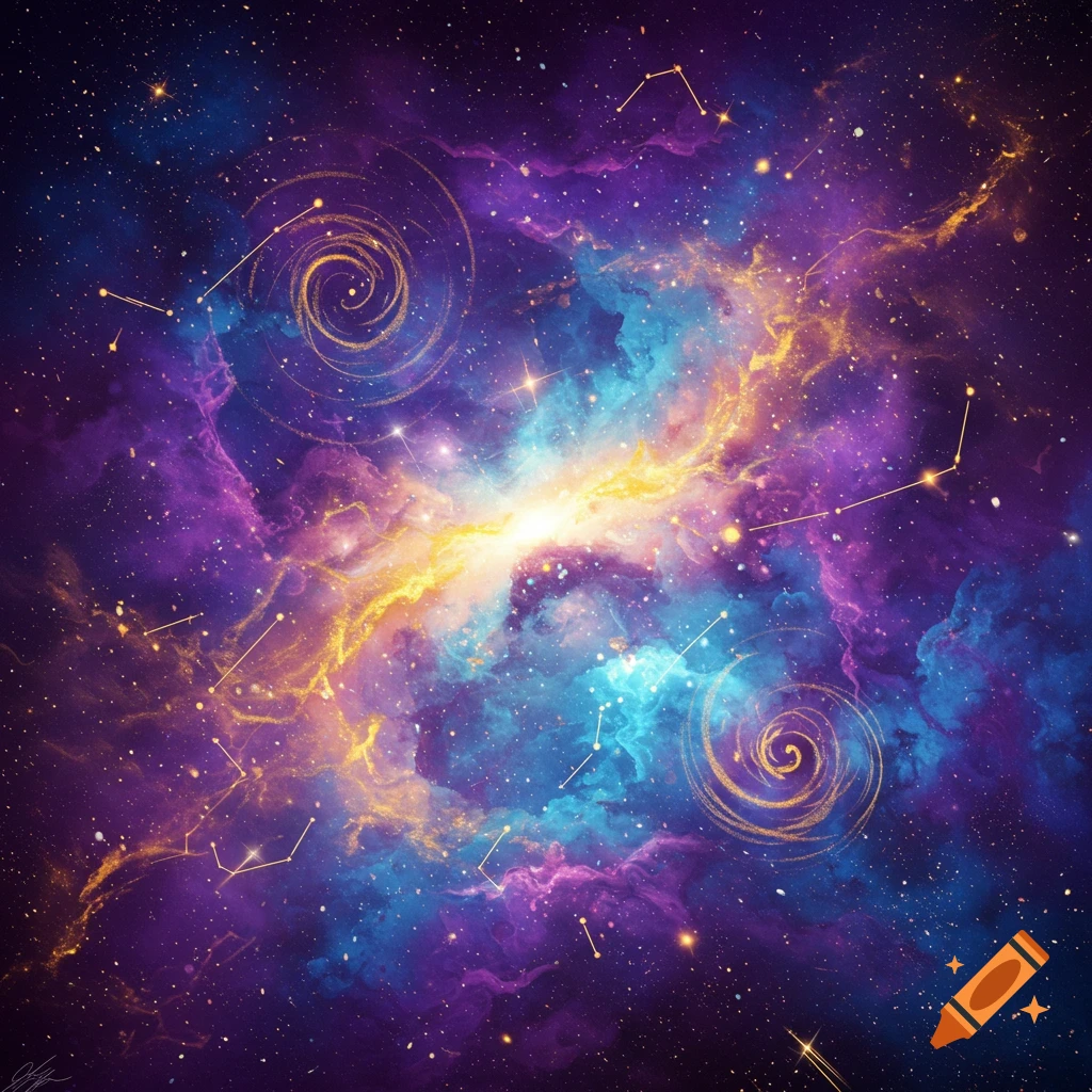 A vibrant purple and blue nebula with constellations.
